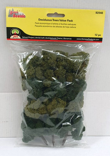 Pack of 12 realistic pine trees, 4-6 inches tall, perfect for dioramas, miniature landscapes, and tabletop games.