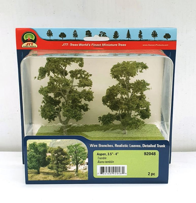 Set of 2 realistic 75-100mm Aspen trees, perfect for model landscapes and dioramas, with detailed branches and vibrant leaves.