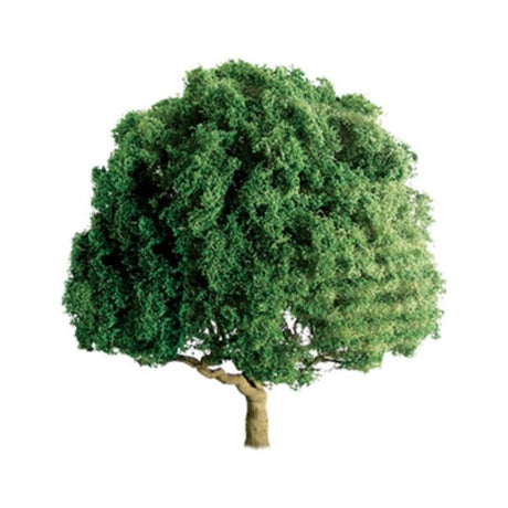 Two 75mm oak trees with realistic details for model scenery, ideal for dioramas and train layouts.
