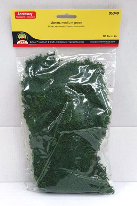 Small bag of medium green lichen for realistic model landscapes and dioramas, ideal for hobbyists and railway enthusiasts.