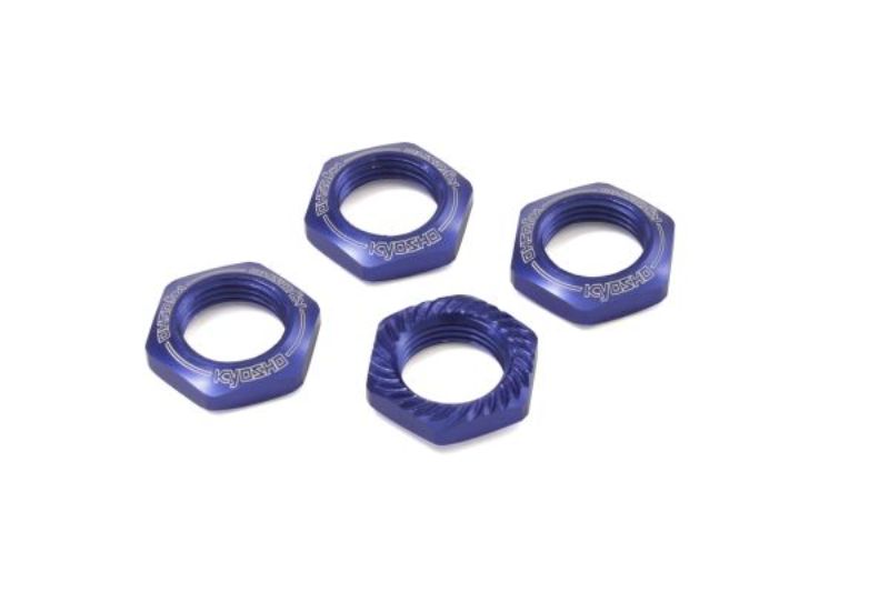 Blue serrated wheel nuts for RC cars, providing secure grip and stylish performance for Kyosho vehicles.