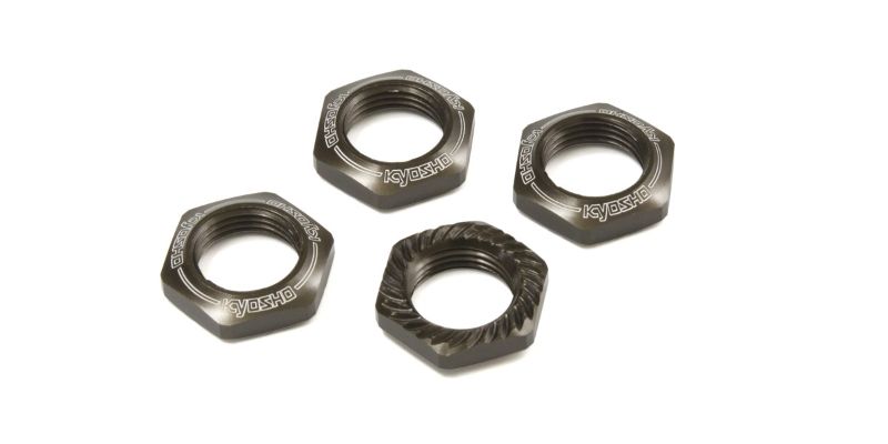Gunmetal serrated wheel nuts (4-pack) for enhanced grip and secure fit on RC vehicles, perfect for racing and bashing.