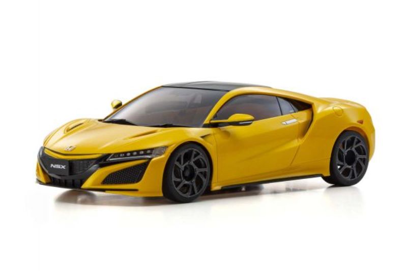 Kyosho MR-03W body shell in vibrant yellow, designed for Honda NSX, enhances your Mini Z's look and performance.