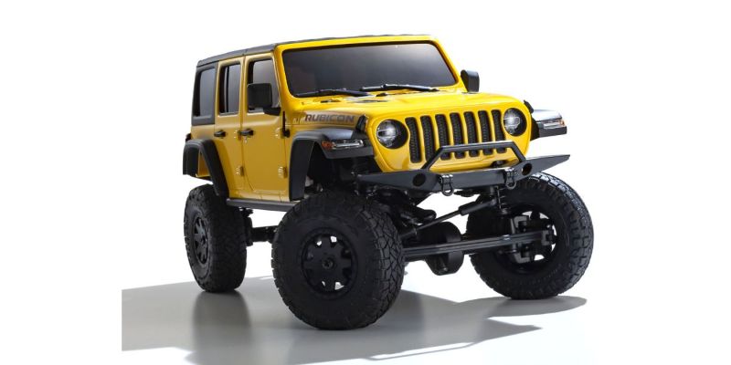 Kyosho MX-01 Wrangler Unlimited Yellow mini RC crawler, featuring 4x4 chassis and detailed Jeep® design for adventurous fun.