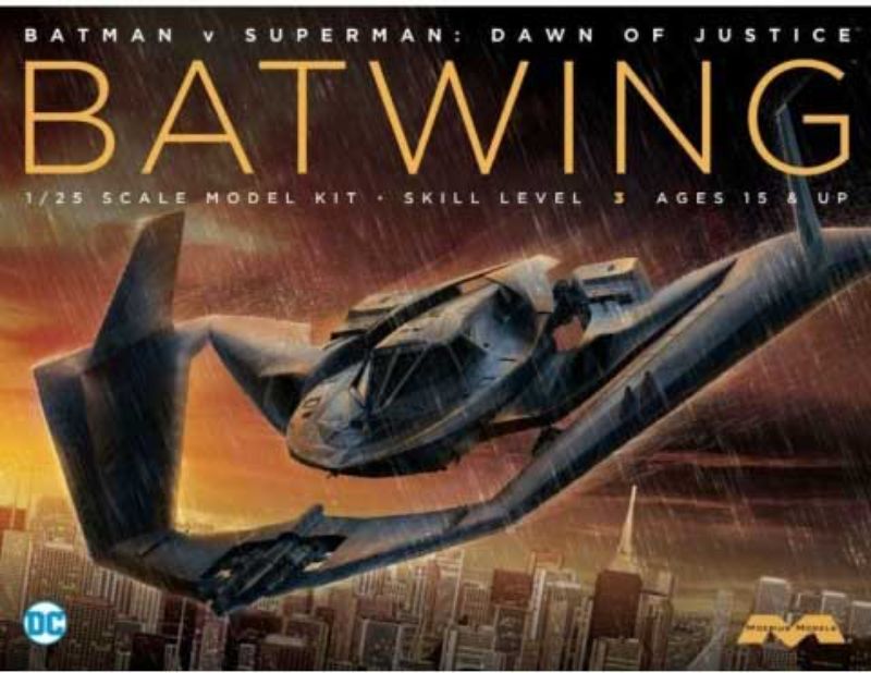 Detailed 1/25 Batplane model kit inspired by Batman v. Superman, featuring adjustable wings and engine options.