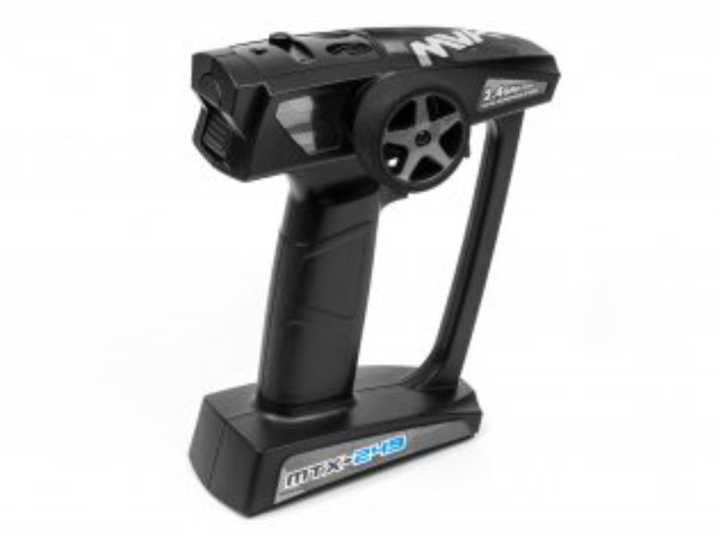 Maverick MTX-249 2.4GHz transmitter with ergonomic grip, steering wheel control, and advanced fail-safe for RC cars.