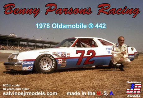 1/25 scale model of Benny Parsons' 1978 Oldsmobile 442, featuring detailed assembly, authentic decals, and precision parts.