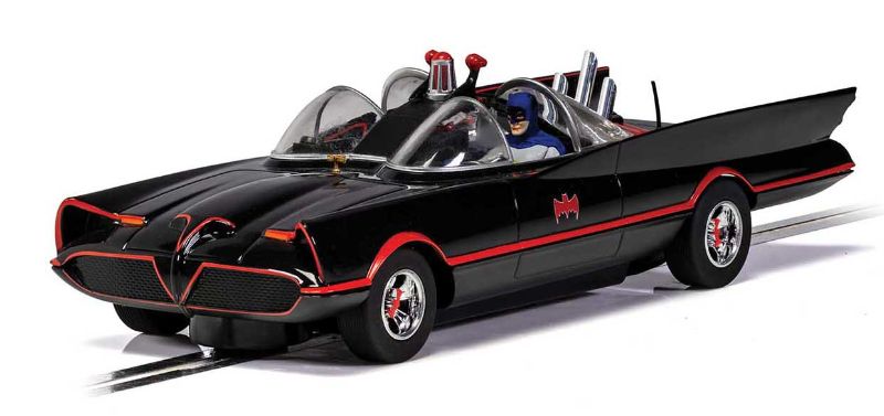 Scalextric 66 TV Batmobile slot car features a detailed design and Batman figure, perfect for racing and collectors.