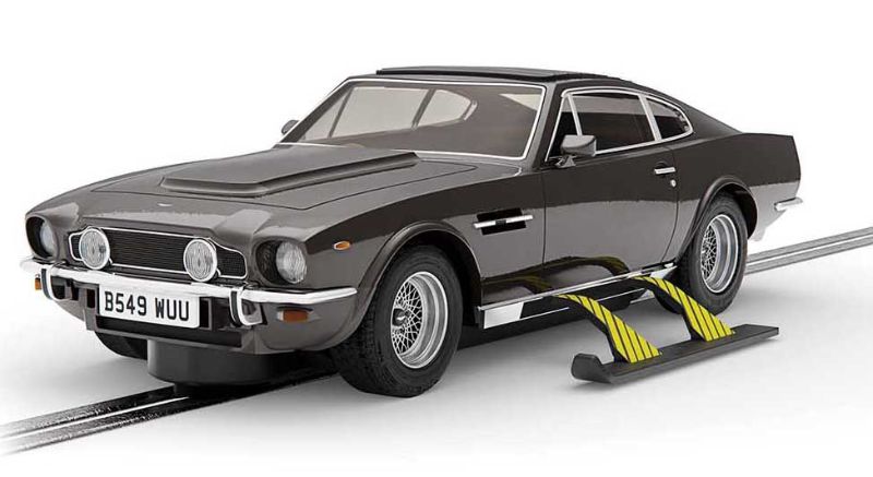 Slot car model of the iconic James Bond Aston Martin V8 from 'The Living Daylights,' featuring skis and missiles.