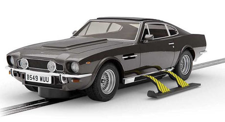 Slot car model of the iconic James Bond Aston Martin V8 from 'The Living Daylights,' featuring skis and missiles.
