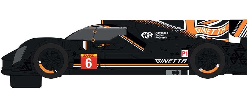 Detailed slot car model of LMP Ginetta G60-LT-P1 #6 with orange Union Jack accents and sleek black finish.