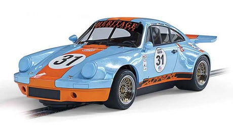 Slot car model of Gulf Porsche 911 RSR 3.0 in vibrant blue and orange, perfect for racing and collection.