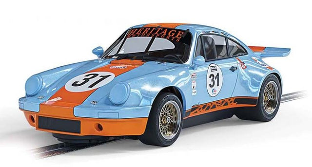 Slot car model of Gulf Porsche 911 RSR 3.0 in vibrant blue and orange, perfect for racing and collection.