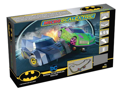 Exciting Slot Car set featuring Batman and Riddler with 3.5m track, 9 layouts, ramp, and lap counter for thrilling races.