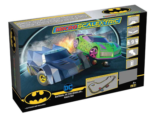 Exciting Slot Car set featuring Batman and Riddler with 3.5m track, 9 layouts, ramp, and lap counter for thrilling races.