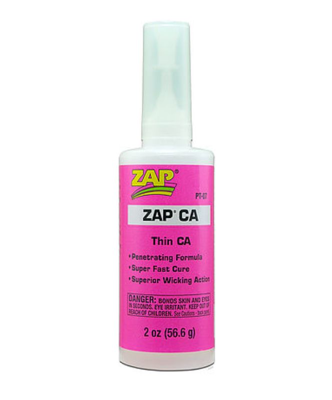 ZAP CA Thin (56.6g) super glue for precise bonding on metal, wood, rubber, ceramics, and most plastics; dries clear.