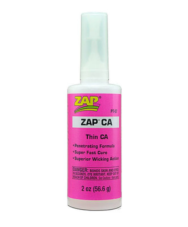 ZAP CA Thin (56.6g) super glue for precise bonding on metal, wood, rubber, ceramics, and most plastics; dries clear.