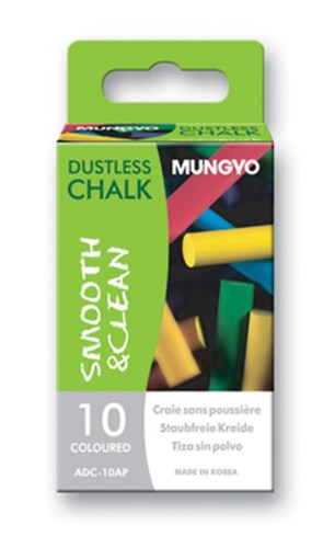 Set of 10 dustless coloured chalk sticks, ideal for clean drawing on various surfaces with vibrant hues and long-lasting use.