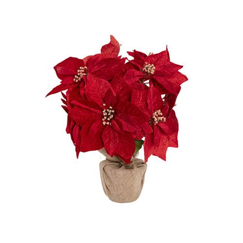 Artificial Poinsettia Potted Burlap Wrapped 11 Flowers Red 43cmH