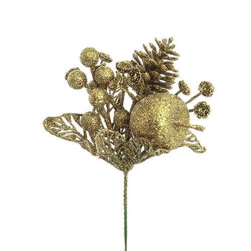 Artificial Apple Berries & Pinecone Christmas Pick Gold 26cmH