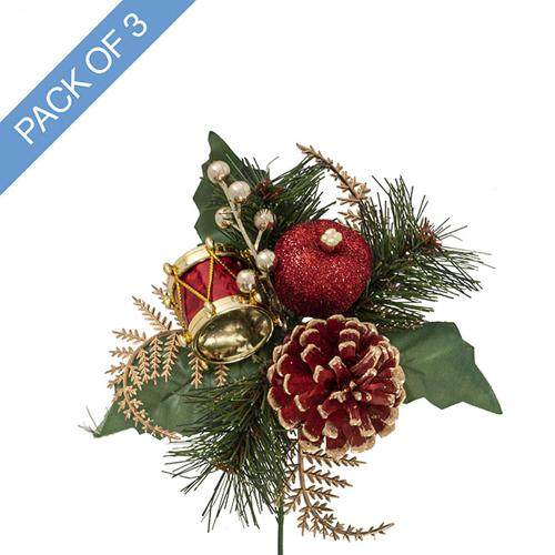 Artificial Christmas Pick with Apple & Drum Pack of 3 Red 17.5cmH