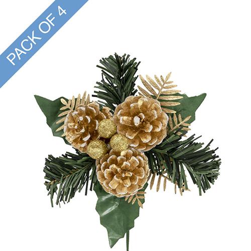 Artificial Pinecone Christmas Pick Pack of 4 Gold 17.5cmH