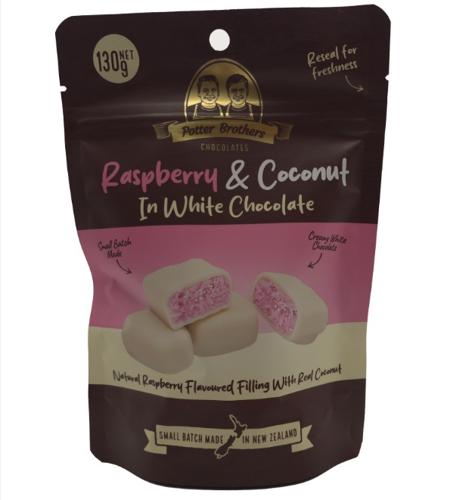 Potter Brothers Raspberry and Coconut in White Chocolate 130g