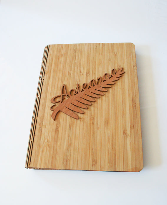 Aotearoa Notebook featuring NZ Silver Beech and Bamboo Veneer with unique pattern, perfect for writing and sketching.