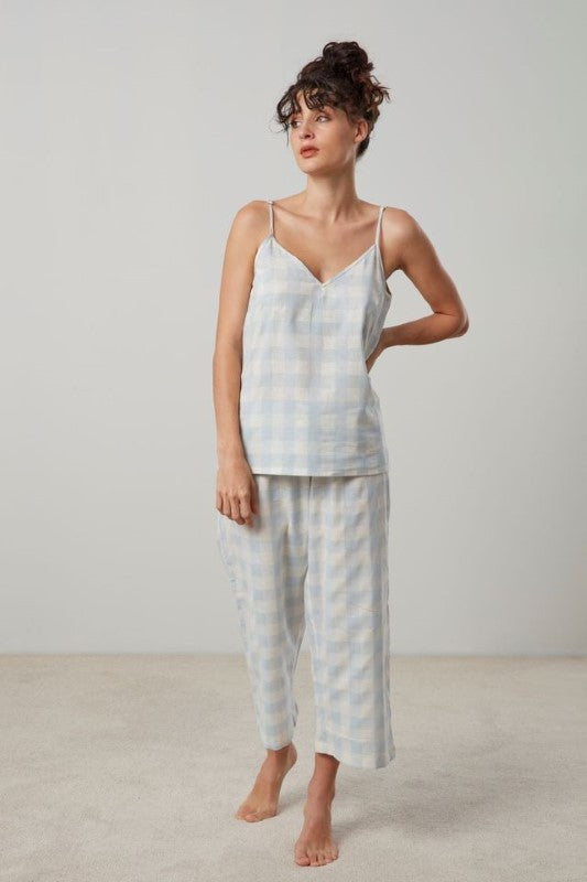 Blue and white check cami and capri PJ set with adjustable straps and elasticated waistband, made from eco-friendly fabric.