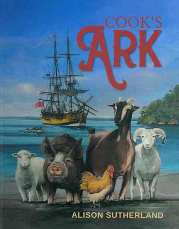 Cover of Cook's Ark, a book about animals that accompanied Captain Cook on his South Pacific voyages, featuring various species.