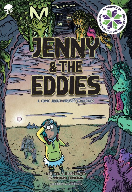 Cover of 'Jenny and the Eddies', a children's graphic novel featuring a brave elf in a vibrant magical forest adventure.