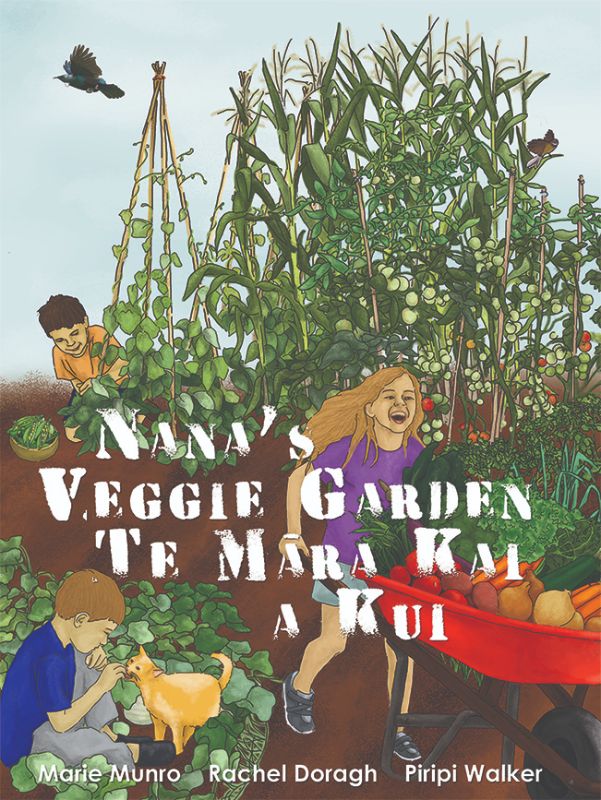 Children exploring Nana's Veggie Garden, discovering gardening magic with vibrant illustrations and Maori phrases.