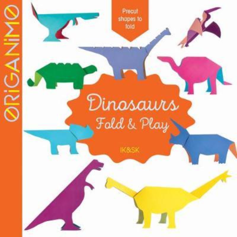 Colorful dinosaur paper folding activity for kids, featuring 18 unique dinosaurs like T-Rex and Triceratops.