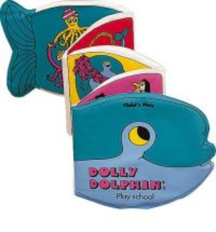 Vibrant Dolly Dolphin Bath Book for toddlers, featuring 10 waterproof pages of cheerful underwater illustrations.