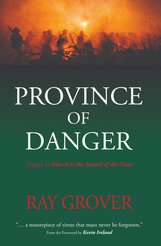 'Province of Danger' cover featuring a dramatic backdrop of war with diverse characters symbolizing New Zealand's tumultuous history.