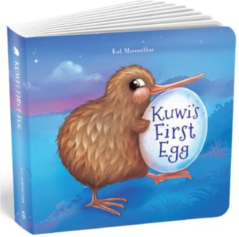 Kuwi's First Egg Board Book features delightful illustrations of a confused kiwi bird discovering motherhood.