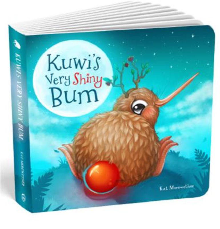 Cover of 'Kuwi's Very Shiny Bum Board Book' featuring colorful illustrations and a kiwi character sharing joy.
