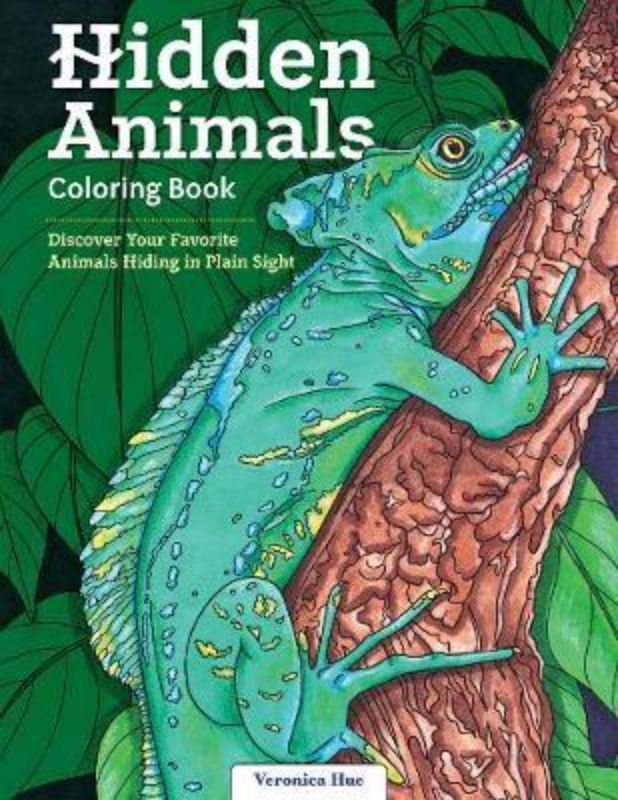 Coloring book featuring 32 intricate designs of camouflaged animals in their natural habitats, perfect for stress relief.