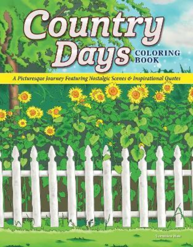 Coloring book featuring 32 serene countryside designs, with tips and inspirational quotes for a relaxing artistic retreat.