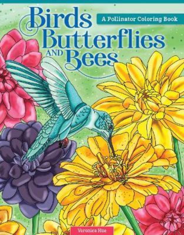 Coloring book cover featuring intricate illustrations of songbirds, butterflies, and bees with detailed nature captions.