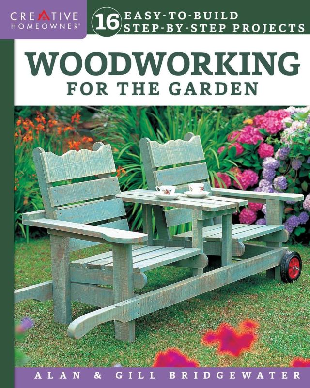 Guide featuring 16 woodworking projects for enhancing gardens, including planters, fences, and trellises.