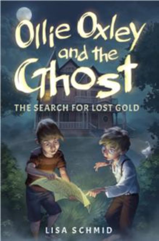 A mystical adventure cover of 'Ollie Oxley and the Ghost' featuring Ollie and Teddy, a charming ghost, against a theater backdrop.