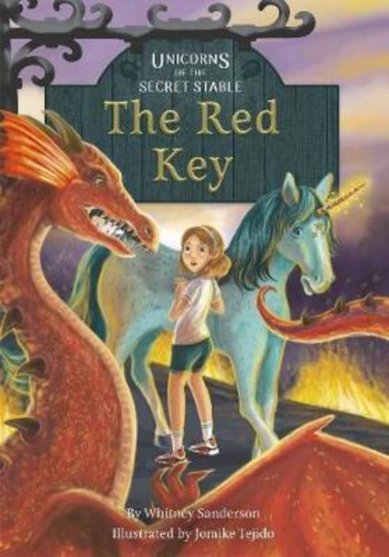 Cover of 'Unicorns of the Secret Stable: The Red Key' featuring Ruby and Cole with magical unicorns in an enchanted forest.