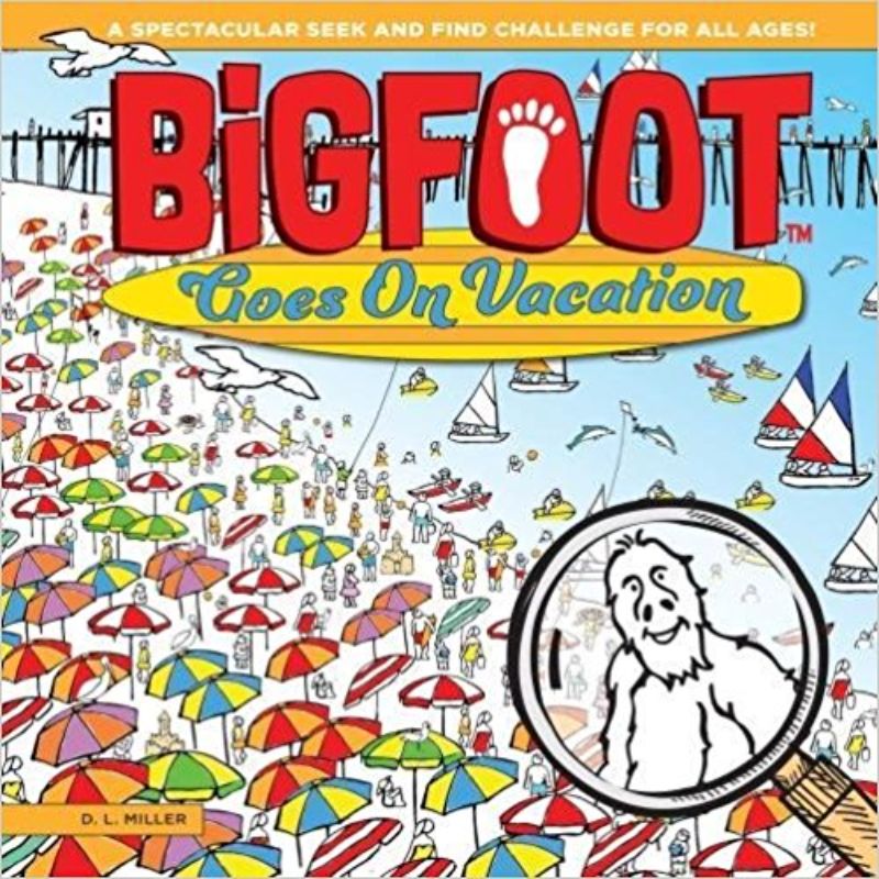 Bigfoot exploring various vacation spots in a colorful and detailed children's book filled with hidden puzzles and fun facts.