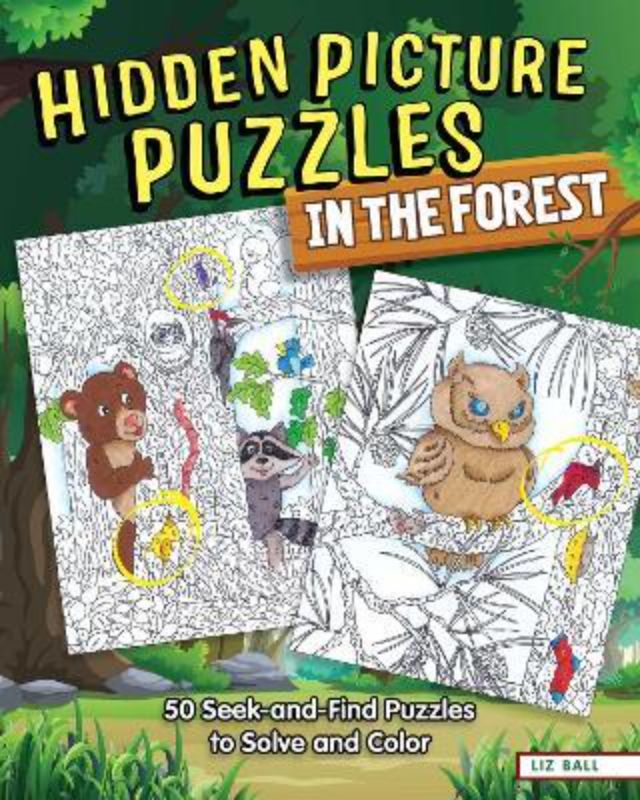 Engaging activity book with 50 hidden picture puzzles featuring forest animals and fun facts for kids.