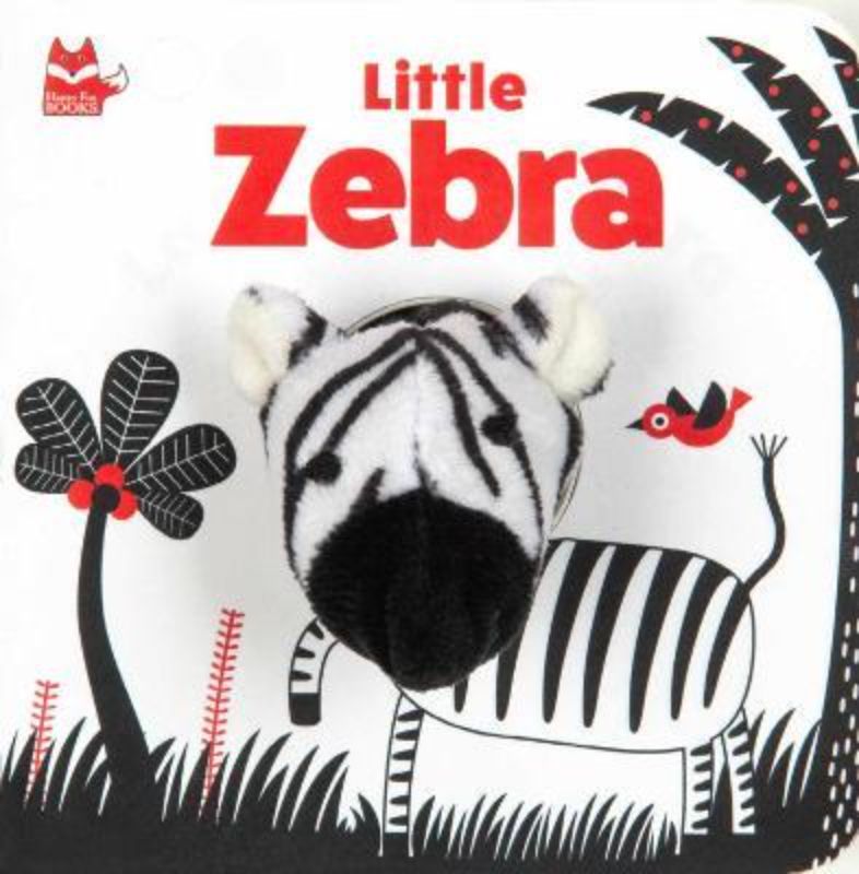 High-contrast finger puppet book featuring a cute zebra for engaging early literacy and visual development in babies.