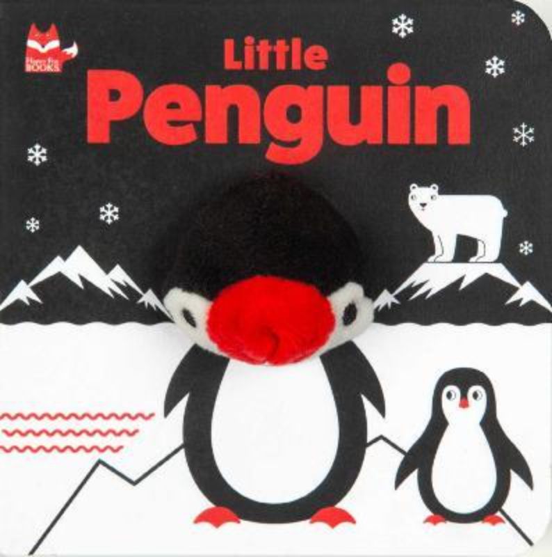 Infant-friendly finger puppet book featuring a soft penguin, high-contrast colors, and engaging rhymes for early literacy.