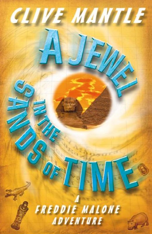 Adventure book 'A Jewel in the Sands of Time' with Freddie, Connor, and Ruby navigating time-travel challenges.