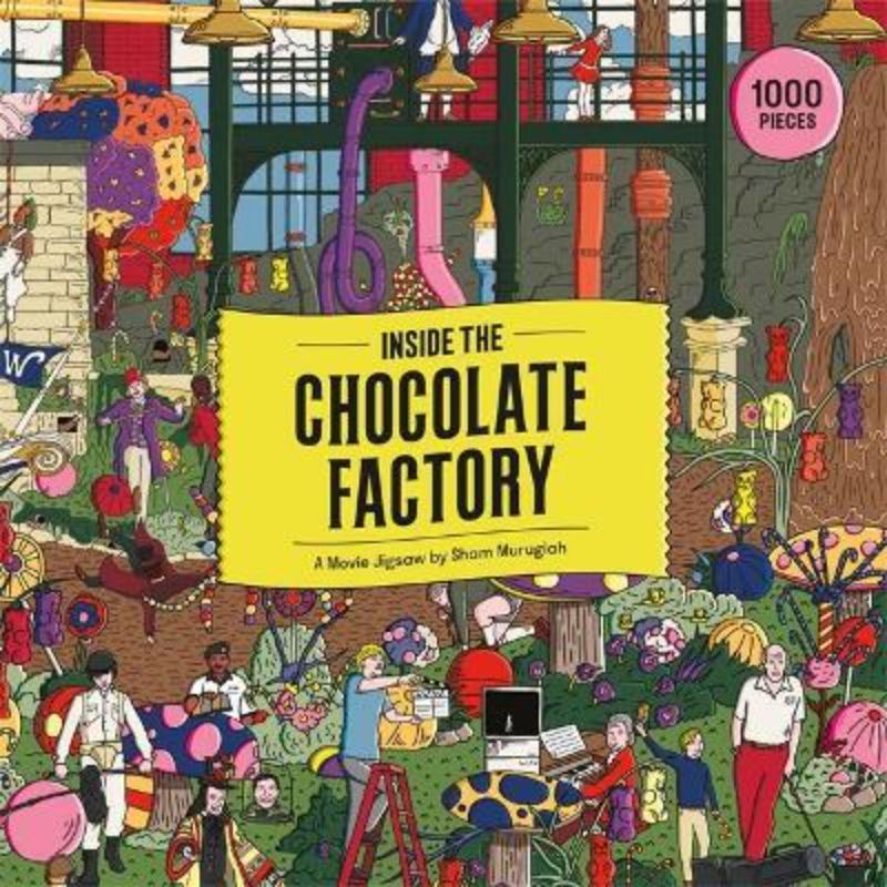 1000-piece jigsaw puzzle featuring colorful artwork from Willy Wonka's chocolate factory, perfect for fans and families.