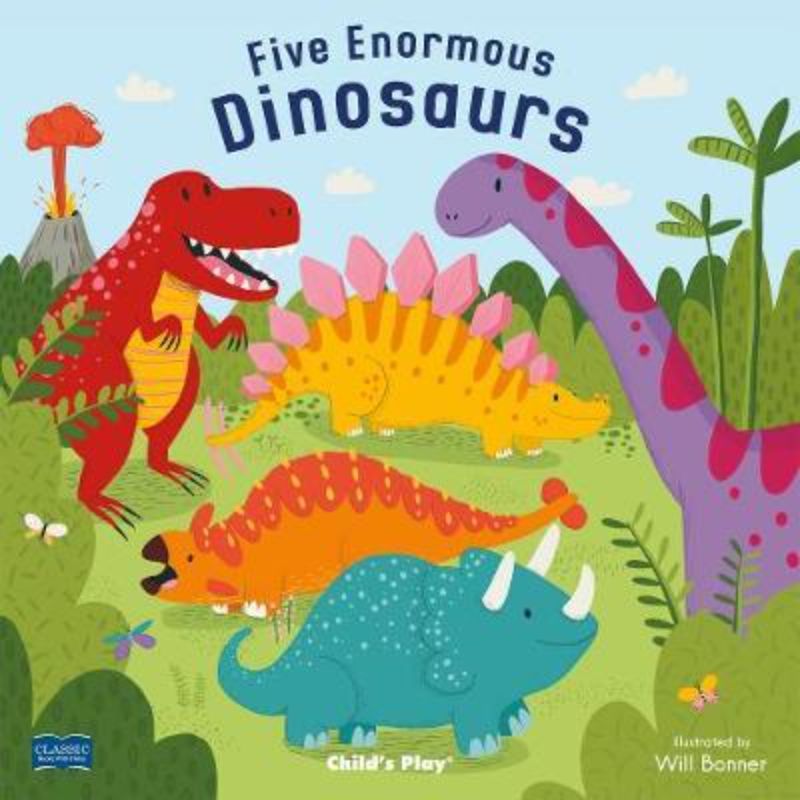 Colorful softcover children's book 'Five Enormous Dinosaurs' with engaging illustrations for early counting skills.